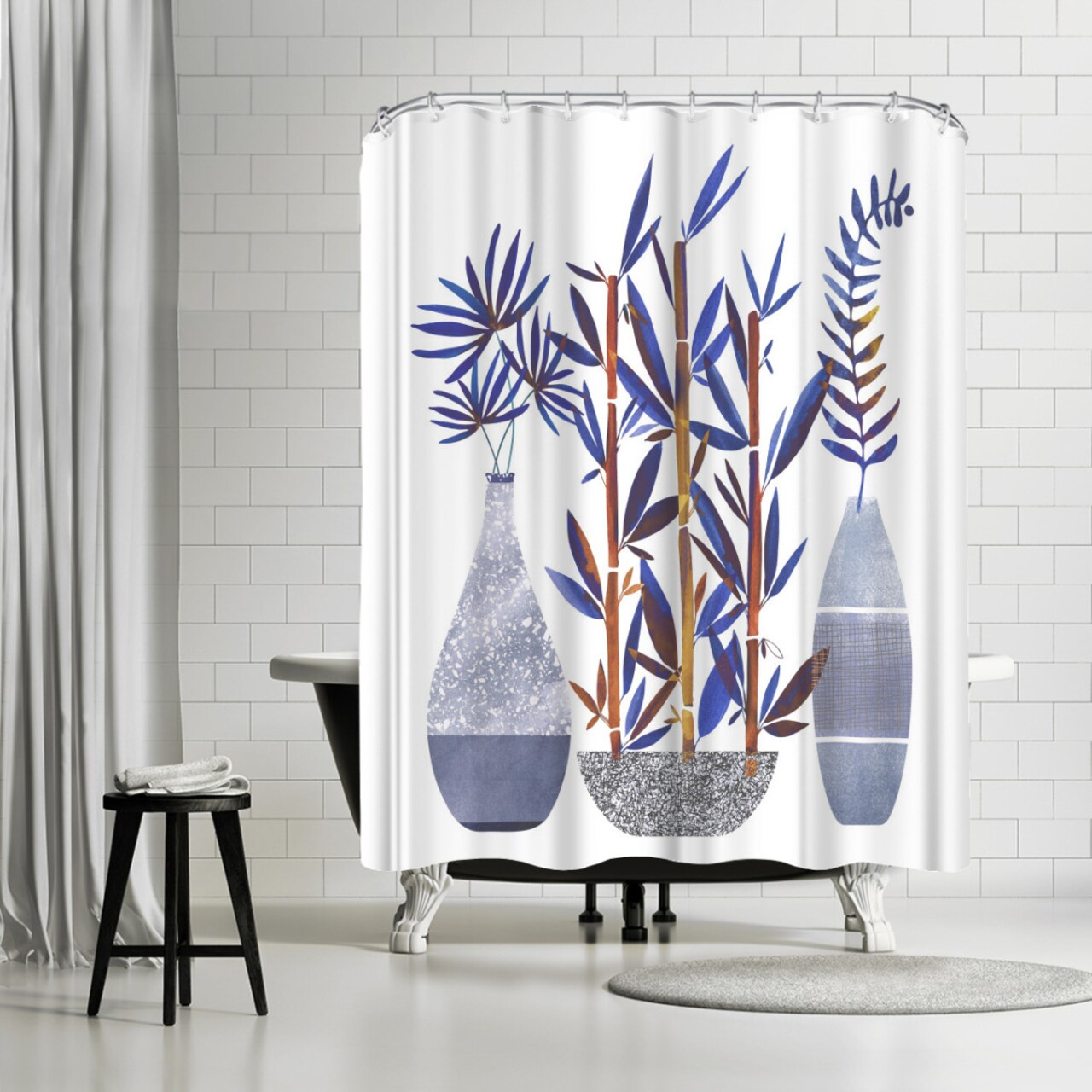 Indigo Flora Trio ii by Modern Tropical Shower Curtain 71&#x22; x 74&#x22;